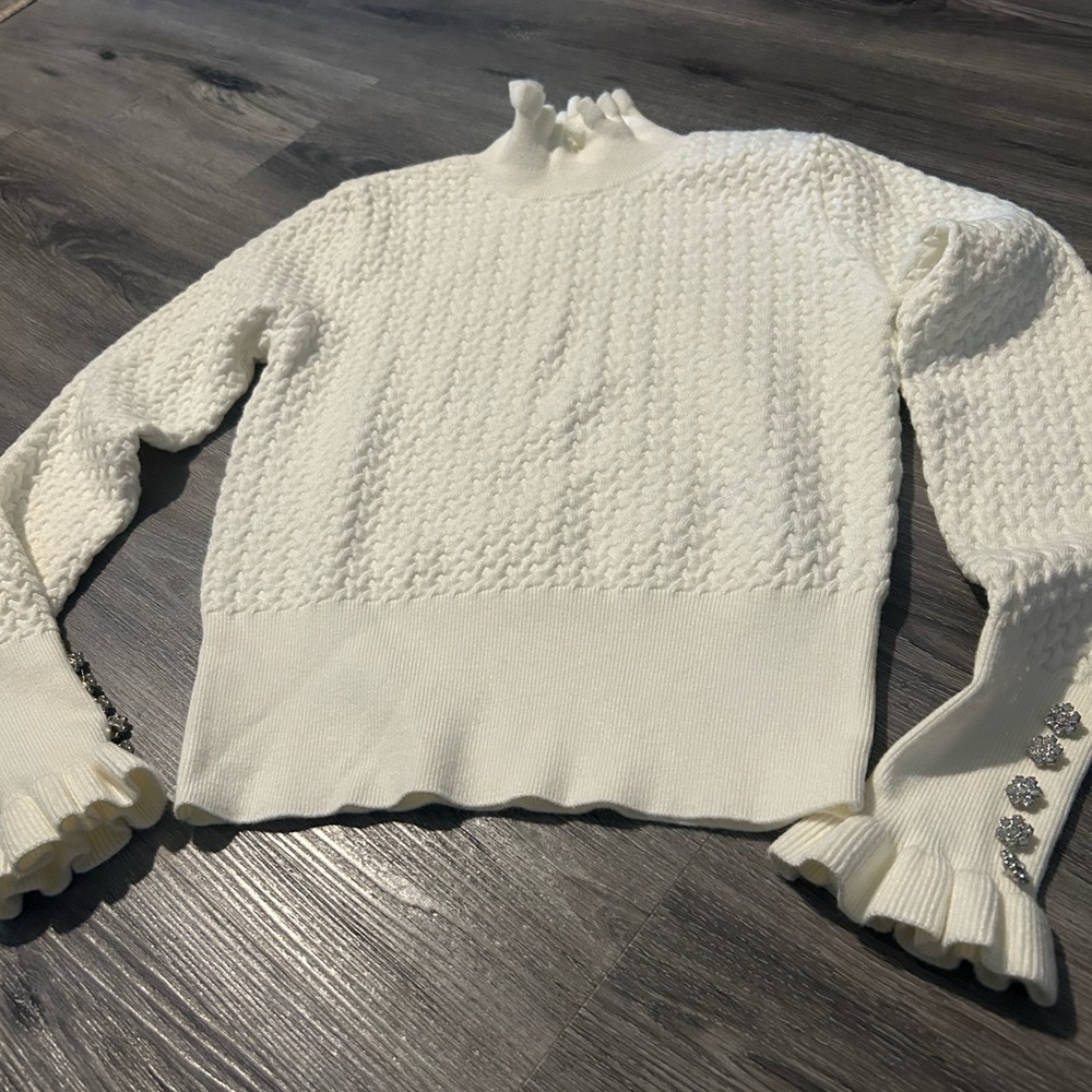 Zara Cream Textured Mock Neck Sweater with Ruffle Cuffs